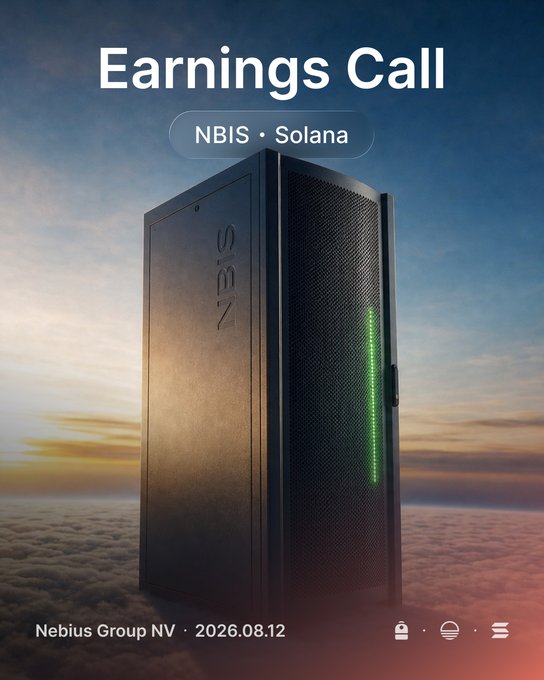 An 'Earnings Call' promotional graphic for NBIS (Nebius Group NV) and Solana, dated 2026.08.12, showing a server tower above the clouds at sunset.