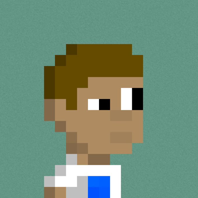 Pixel art sprite of a brown-skinned character with brown hair and a white and blue shirt against a teal background.