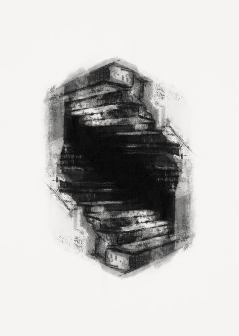 A black and white abstract charcoal or ink drawing depicting a stack of books forming a tunnel-like or vortex shape.