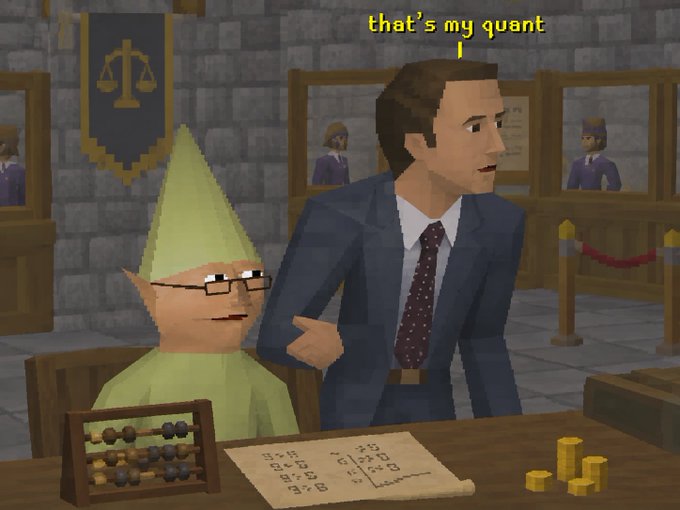 A screenshot from the video game Escape from Monkey Island showing a lawyer character labeled 'that's my quant' standing next to a green gnome-like character with an abacus on the table.