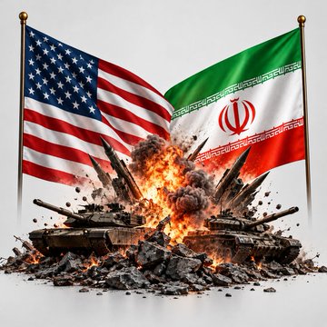 A composite illustration shows tanks exploding in a fiery crash between the American flag on the left and the Iranian flag on the right.
