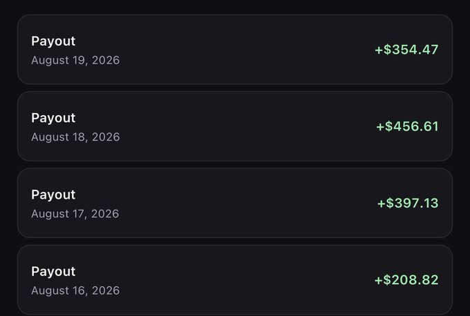 The image shows a list of four payout entries dated August 16-19, 2026, with amounts ranging from $208.82 to $456.61. These daily earnings serve as visual evidence supporting the claim of earning five figures monthly through honest work on "pf" (likely a platform) without needing to manipulate or exploit social connections for profit.