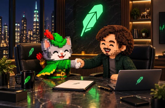 A 3D rendered scene of two blocky, voxel-style characters—one dressed as a green elf archer and the other in modern office clothes—shaking hands across a desk in a high-rise office at night, with a glowing green feather/quill logo on the wall.