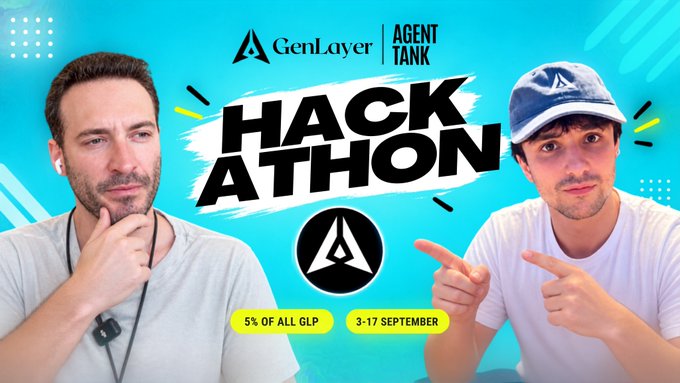 GenLayer Agent Tank Hackathon promotional graphic dated 3-17 September with two men pointing at the center, offering 5% of all GLP.