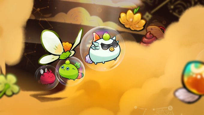 A group of cute, colorful cartoon axie creatures float in bubbles against a warm yellow background with decorative elements like flowers and clouds. The whimsical characters—one blue with sunglasses, a green one with a sprout on its head, and a red one—visually embody the Mystic axies referenced in the caption about AOC's presale mechanics.