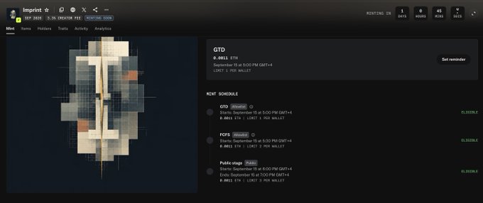Screenshot of the "Imprint" NFT minting dashboard showing a pixelated abstract artwork with the user's status indicating they were "Not selected" in the GTD (Guaranteed) phase. The interface displays upcoming mint schedules for GTD, FCFS, and Public stage rounds at 0.0001 ETH mint price, with the user's wallet status marked in red as not winning the GTD draw.
