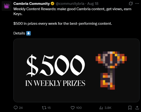A tweet from Cambria Community announcing Weekly Content Rewards, stating '$500 in prizes every week for the best-performing content' alongside a pixel art trophy and '$500 IN WEEKLY PRIZES' text.