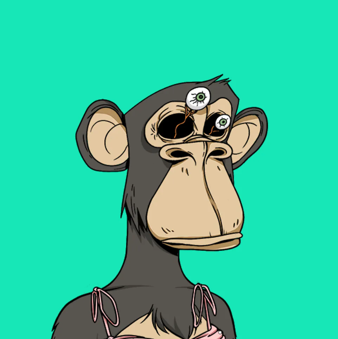 A cartoon illustration of a Bored Ape-style monkey with mismatched, damaged eyes against a bright teal background.