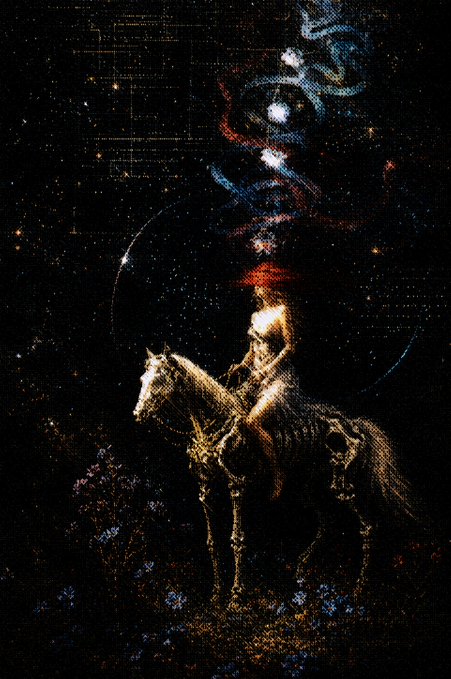 The image features a painting of a woman riding a horse, with the background being a dark sky filled with stars. The painting has an abstract style that gives it a dreamy and ethereal quality. The artist's signature can be seen at the bottom right corner of the artwork.