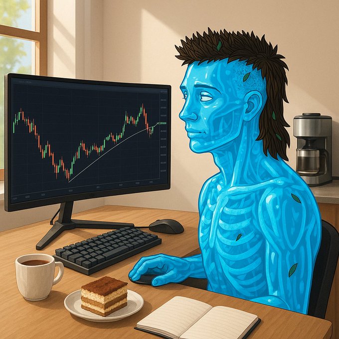 An illustration of a blue, alien character with leaves on its body sitting at a desk looking at a stock chart on a monitor, with a coffee mug, tiramisu slice, and open notebook nearby.
