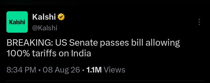 A screenshot of a tweet from verified account Kalshi (@Kalshi) dated 8 Aug at 8:34 PM reads: "BREAKING: US Senate passes bill allowing 100% tariffs on India" with 1.1M views, which directly corresponds to the accompanying post expressing shock at the 100% tariff announcement.