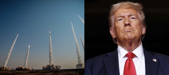This split image features a sequence of missiles launching from the left and a close-up of Donald Trump on the right, implying a geopolitical context for his reaction to such an event.