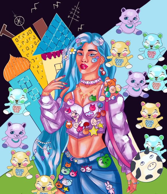 A colorful digital illustration of a blue-haired anime-style girl surrounded by cute pastel bear-like creatures and toy characters, set against a city backdrop.