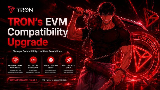 A promotional graphic for 'TRON's EVM Compatibility Upgrade' featuring an anime-style warrior with a sword, highlighting features like 'Prague & Osaka Compatible', 'EVM Ecosystem Ready', and 'Build Without Limits', tagged 'GREATVOYAGE-V4.8.2'.