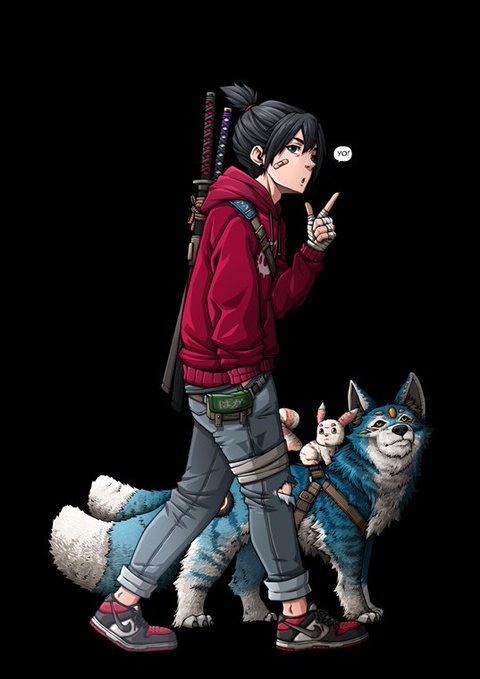 An anime-style illustration of a character with black hair in a ponytail wearing a red hoodie and carrying swords, walking alongside a blue and white wolf-like creature with a small white bunny on its back.