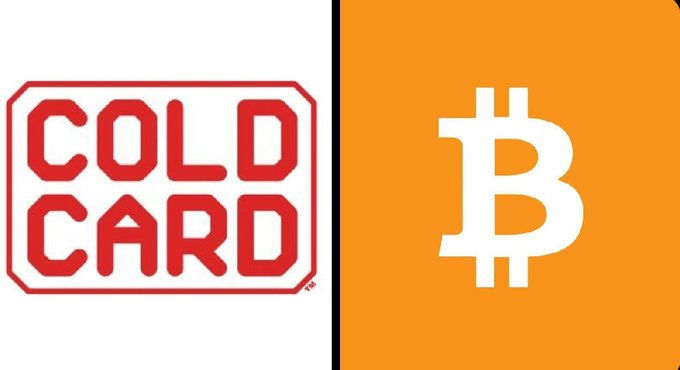A split graphic showing the red COLDCARD logo on a white background on the left and the orange Bitcoin logo on the right.