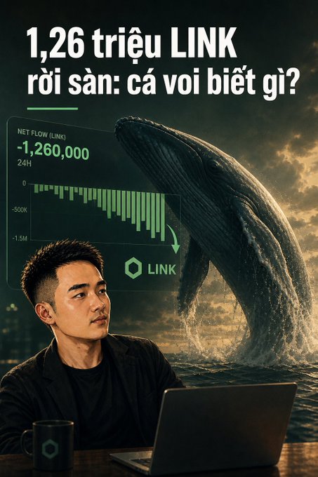 Vietnamese-language crypto graphic showing a man at a laptop next to a breaching whale, with text '1,26 triệu LINK rời sàn: cá voi biết gì?' and a NET FLOW (LINK) chart of -1,260,000 LINK over 24H alongside the Chainlink (LINK) logo.