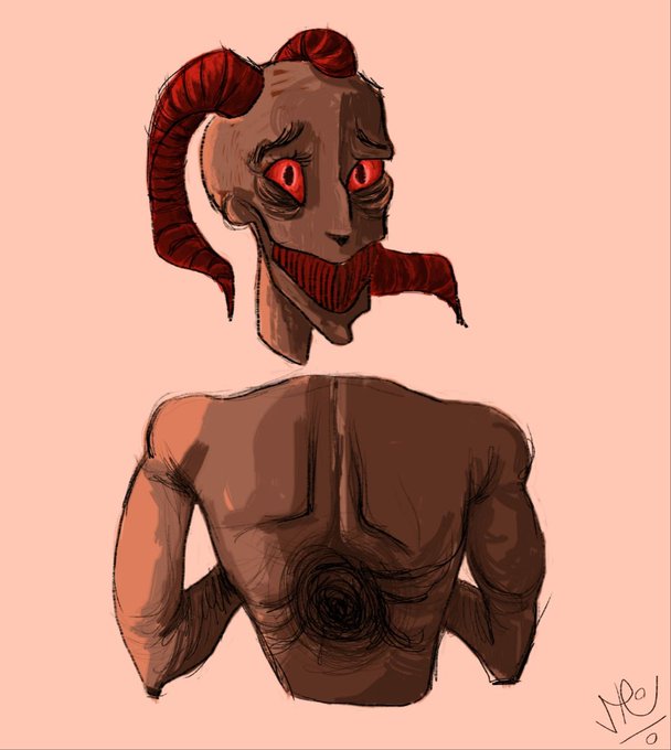 A digital drawing of a horned, demonic figure with red curly horns, glowing red eyes, and a wide toothy grin, shown from behind with dark hair on its back.