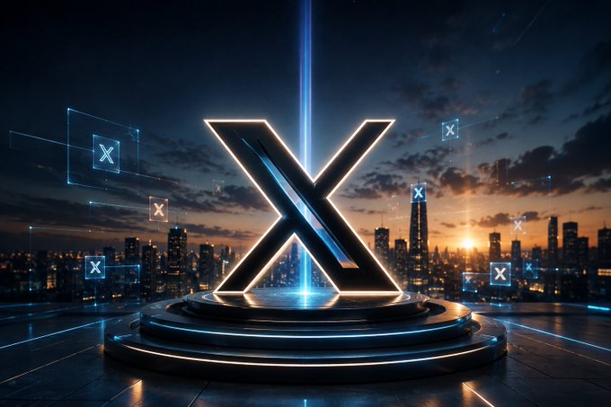 A futuristic cityscape at sunset features a large, illuminated 3D 'X' logo on a circular pedestal, with floating holographic panels displaying 'X' symbols.