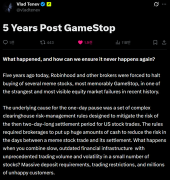 Caption: Vlad Tenev's X post marking the 5-year anniversary of GameStop, reflecting on the 2021 trading restrictions and calling for risk-mitigation reforms, with 1.8K reposts, 1.1K comments, and 41.9K likes.

Connection to post: The image features Vlad Tenev, CEO of Robinhood, which is the same platform the user references regarding the surprising $CASHCAT listing on the Robinhood App chain via @Lighter_xyz — tying the X post's commentary on Robinhood's prominence in crypto to Tenev's own remarks about his platform's controversial history.