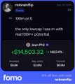 The image shows a stock trading screenshot displaying a position of 100 units at $0, with a total profit of +$14,803.32 (+145.4%), attributing the success to user "robsntiffp" and referencing "JEANPHIL"—visually illustrating the narrator's journey of holding conviction through a volatile +$33k swing, just as described in the caption.