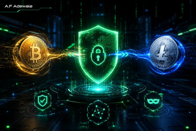 A digital illustration by "A.F Adewale" depicting Bitcoin and Litecoin coins connected by energy beams to a central green shield with a padlock, symbolizing crypto security.