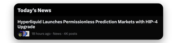A news notification titled "Today's News" reads: "Hyperliquid Launches Permissionless Prediction Markets with HIP-4 Upgrade," posted 18 hours ago with 4K posts.
