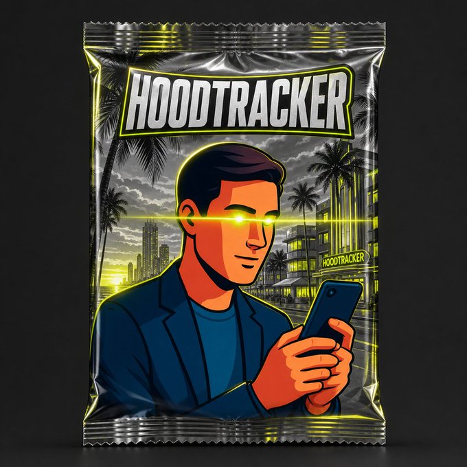 A silver foil snack-style package labeled 'HOODTRACKER' in bold yellow and white letters, featuring a cartoon man with glowing yellow eyes looking at a smartphone against a cityscape with palm trees.