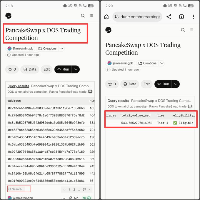 Two mobile screenshots of Dune Analytics showing a 'PancakeSwap x DOS Trading Competition' query by @mrearningpk, with one highlighting the query name and another showing eligibility results for a user with 543.77 trading volume in Tier 1.