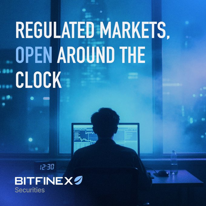 A blue-toned advertisement for Bitfinex Securities shows a silhouetted person at a computer monitor with the text 'REGULATED MARKETS, OPEN AROUND THE CLOCK' and the Bitfinex Securities logo.