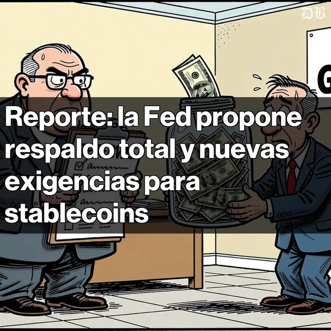 An illustration of two men exchanging a jar of money with the text overlay: 'Reporte: la Fed propone respaldo total y nuevas exigencias para stablecoins'.