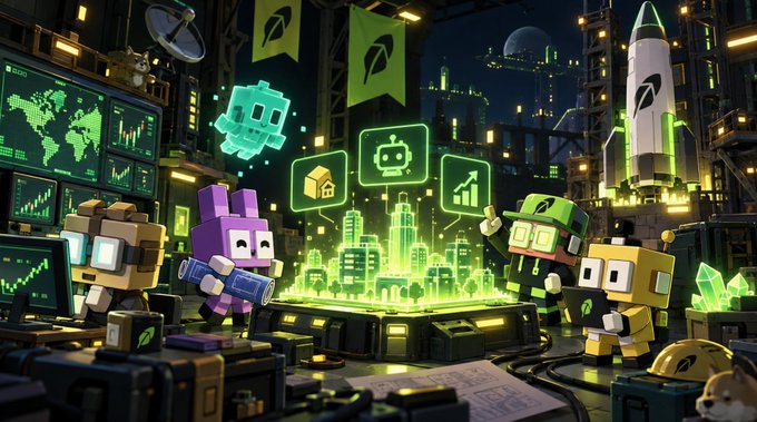 A vibrant 3D digital illustration depicting blocky robot characters in a futuristic tech facility, with one holding a 'SOLD OUT' sign, floating rockets, holographic city projections, and various tech equipment.