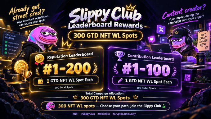 A promotional graphic for 'Slippy Club Leaderboard Rewards' offering 300 GTD NFT WL Spots, featuring cartoon frogs, with categories for Reputation Leaderboard (#1-200) and Contribution Leaderboard (#1-100).