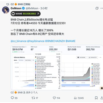 The image is a Chinese-language social media post showing BNB Chain statistics, including "BNB Chain 上的Stocks增长有点猛" (BNB Chain's Stocks growth is fierce), "7月12日 持有有 44555 今天最新数据222351" (July 12th holders were 44,555, today's latest data is 222,351), and "一个月增长接近18万人 增长了399%" (nearly 180,000 growth in one month, 399% increase), along with charts of $MAME token metrics showing a market cap of $619.57M and 222,351 holders.

The post appears to be promoting $MAME on BNB Chain with impressive-sounding growth statistics, which directly contradicts the accompanying critical commentary warning users that this is a "blatant shilling scam coin" where KOLs are artificially inflating metrics through shilling rather than reflecting genuine interest.