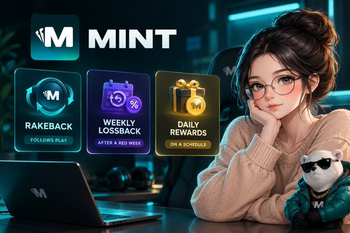 Promotional image for MINT featuring an anime-style woman in glasses beside three feature cards labeled 'RAKEBACK - FOLLOWS PLAY', 'WEEKLY LOSSBACK - AFTER A RED WEEK', and 'DAILY REWARDS - ON A SCHEDULE'.
