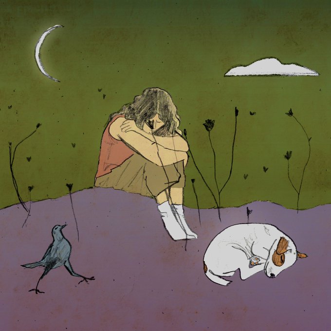 An artistic illustration of a person with long hair sitting hunched on a hill with a crescent moon above, accompanied by a black bird and a sleeping white dog.