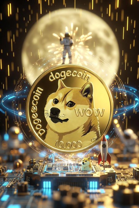 The image features a gold coin with a cartoon dog face, which is the main focus of the photo. The coin has the text "Dogecoin" written on it. In the background, there are fireworks and a rocket ship, adding an element of excitement and adventure to the scene. The post also includes the words "DOGE" and "WOW", possibly indicating that the coin is related to cryptocurrency or has some sort of special significance.

The image seems to be promoting Dogecoin as it features a cartoon dog face on a gold coin, with fireworks in the background and a rocket ship nearby. The combination of these elements creates an interesting visual appeal and draws attention to the coin's unique design and potential value.