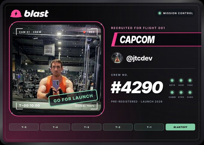 Another 'blast' mission control card for 'CAPCOM' user @jtcdev, Crew No. #4290, featuring a selfie of a person in an orange vest at what appears to be an event venue, with 'BLASTOFF' status.