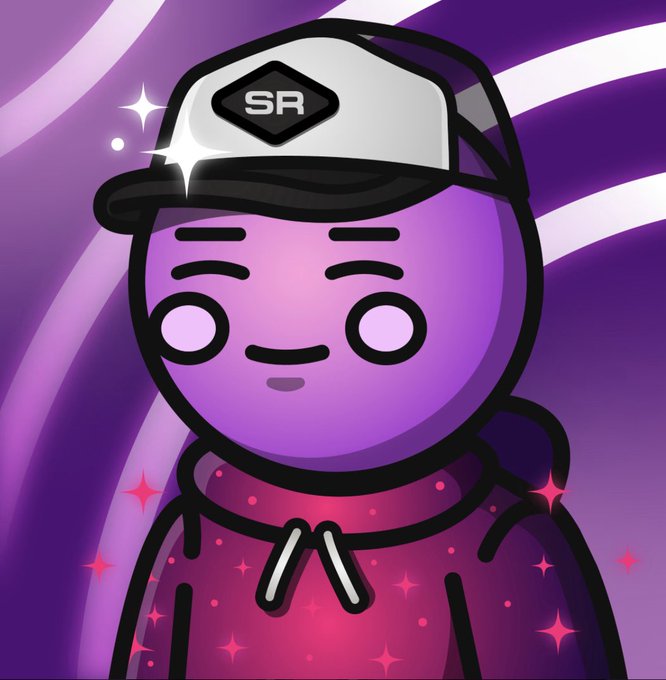 A cartoon illustration of a purple character with white eyes wearing a white and black cap featuring the letters 'SR' on a sparkling purple background.
