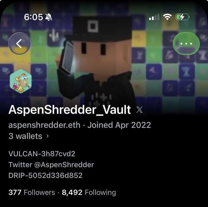 A mobile profile screenshot for 'AspenShredder_Vault' (aspenshredder.eth, joined Apr 2022) showing a Minecraft-style avatar, 3 wallets, and 377 followers.
