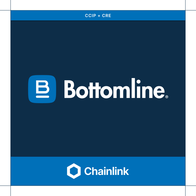 A promotional graphic with 'CCIP + CRE' at the top, featuring the Bottomline logo and Chainlink logo on a blue and dark navy background.