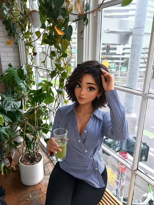 A stylized 3D-rendered image of a young woman with short brown hair holding a glass of green drink, sitting by a window surrounded by potted plants in what appears to be a café.