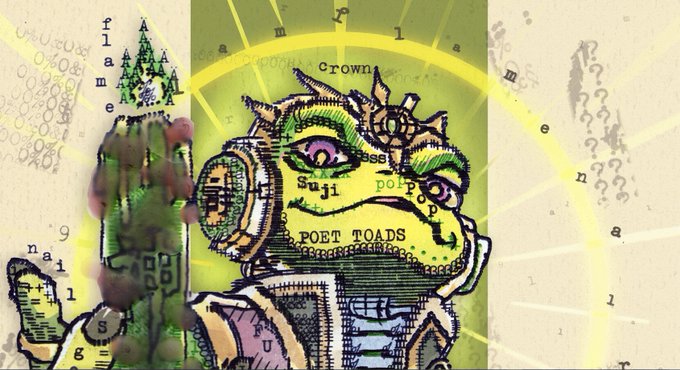 An artistic, textured illustration featuring a frog-like character wearing a crown and headphones, with text overlays including 'flame', 'CROWN', 'Sui', and 'POET TOADS'.