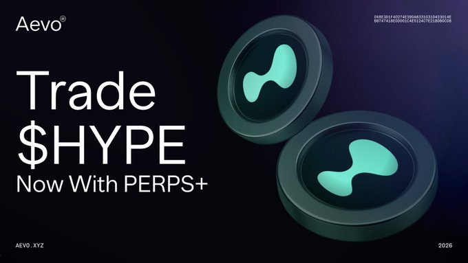 The image is a promotional banner for Aevo's PERPS+ feature, displaying "Trade $HYPE Now With PERPS+" alongside the Aevo logo and stylized 3D token graphics on a dark background. It visually reinforces the post's announcement that PERPS+ now supports the $HYPE ticker, highlighting the platform's enhanced perpetual trading capabilities that offer options-like flexibility such as capping downside risk, earning upfront premiums, and defining best/worst-case scenarios before entry.
