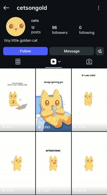 An Instagram profile page for 'cetsongold' (@cets) showing 12 posts, 96 followers, and 0 following, with a grid of cartoon golden cat memes.