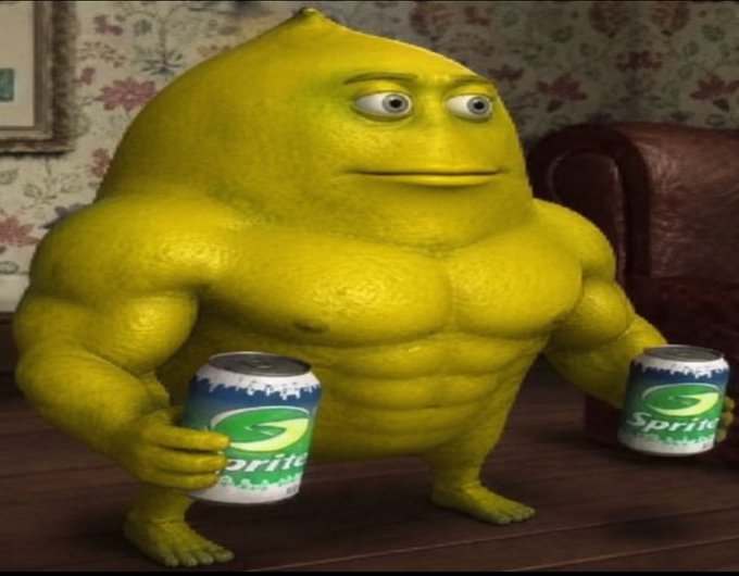 A humorous 3D rendered image of a muscular, anthropomorphic lemon character holding two cans of Sprite while sitting in a room with floral wallpaper.