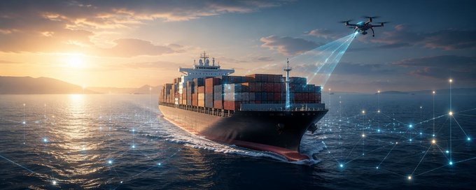 A large container ship sails on the ocean at sunset while a drone hovers above, scanning the vessel with projected light, symbolizing how AI-powered maritime platforms like Ethra's SeaVerity connect remote ship workers with earning opportunities.