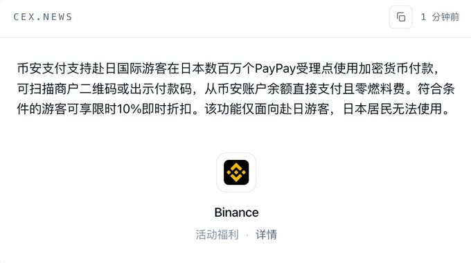 A news post from CEX.NEWS (1 minute ago) by Binance announces that Binance Pay now supports international tourists visiting Japan to pay with cryptocurrency at millions of PayPay-accepting merchants by scanning merchant QR codes or showing payment codes, directly from their Binance account balance with zero fuel fees. Eligible tourists can also enjoy a limited-time 10% instant discount, though the feature is only available to incoming travelers, not Japanese residents.