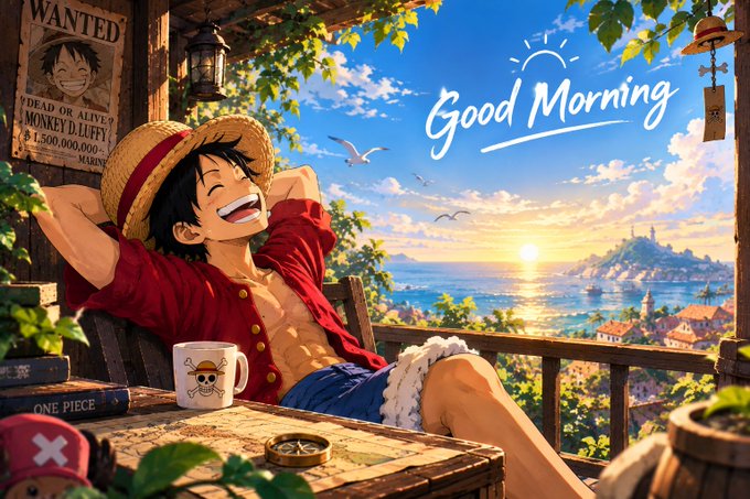 An anime illustration of a character resembling Luffy from One Piece relaxing in a straw hat, with a "WANTED DEAD OR ALIVE MONKEY D. LUFFY" poster and "Good Morning" text overlaid on a scenic ocean sunset.
