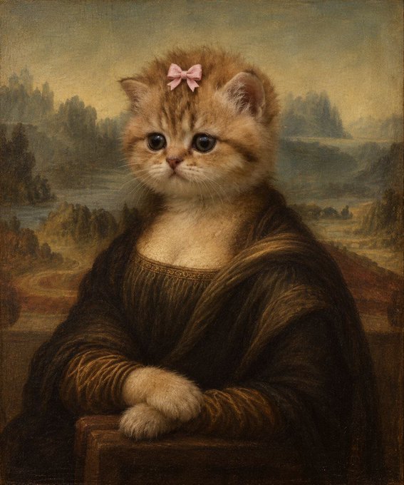 A whimsical Renaissance-style oil painting parody featuring a fluffy orange kitten with a pink bow posed as the Mona Lisa against a landscape background.